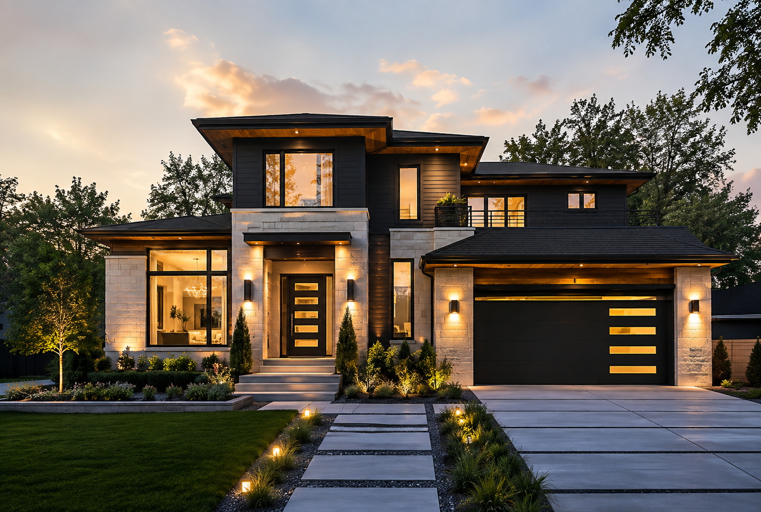 Modern luxury home at dusk with warm interior lighting and landscaped grounds