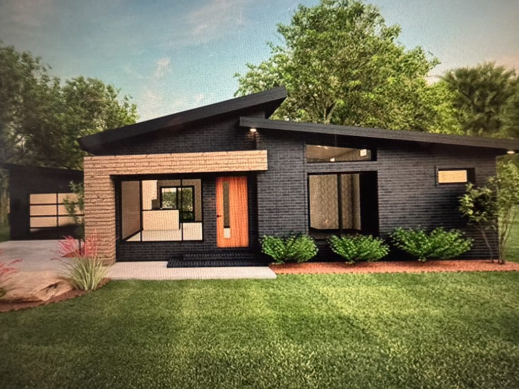 Rendering of the front elevation of a TREV modern single-story home with dark brick, large windows, warm wood accents, and an orange front door