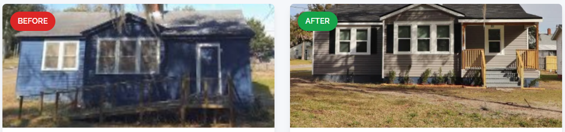 Before and after comparison of a TREV home renovation: original worn blue cottage transformed into a refreshed gray home with new porch, shutters, and landscaping