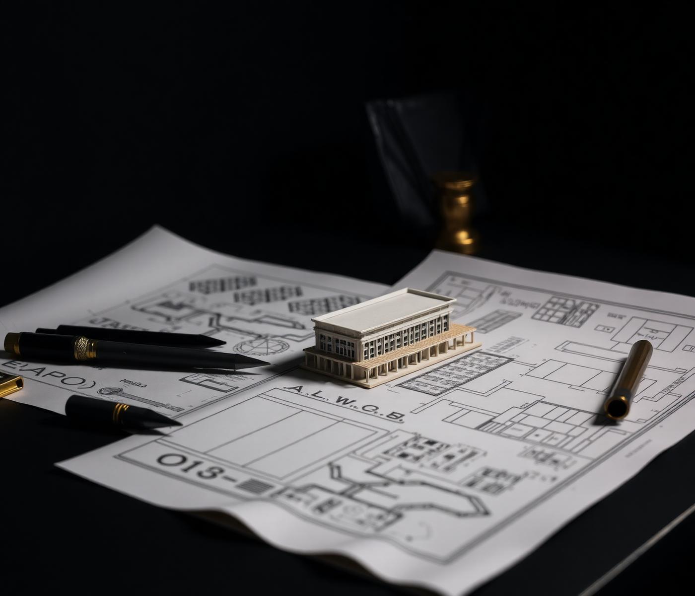 Architectural blueprints and a scale building model on a dark desk