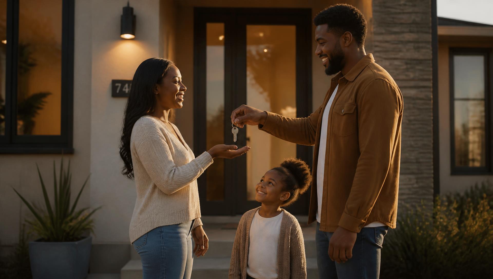 A family receiving the keys to their new home