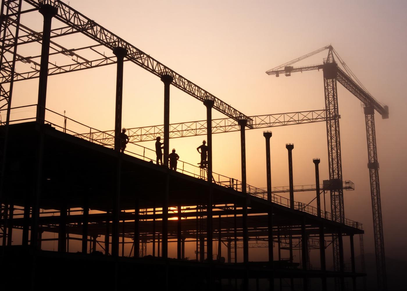 Steel frame of a commercial building under construction at dawn