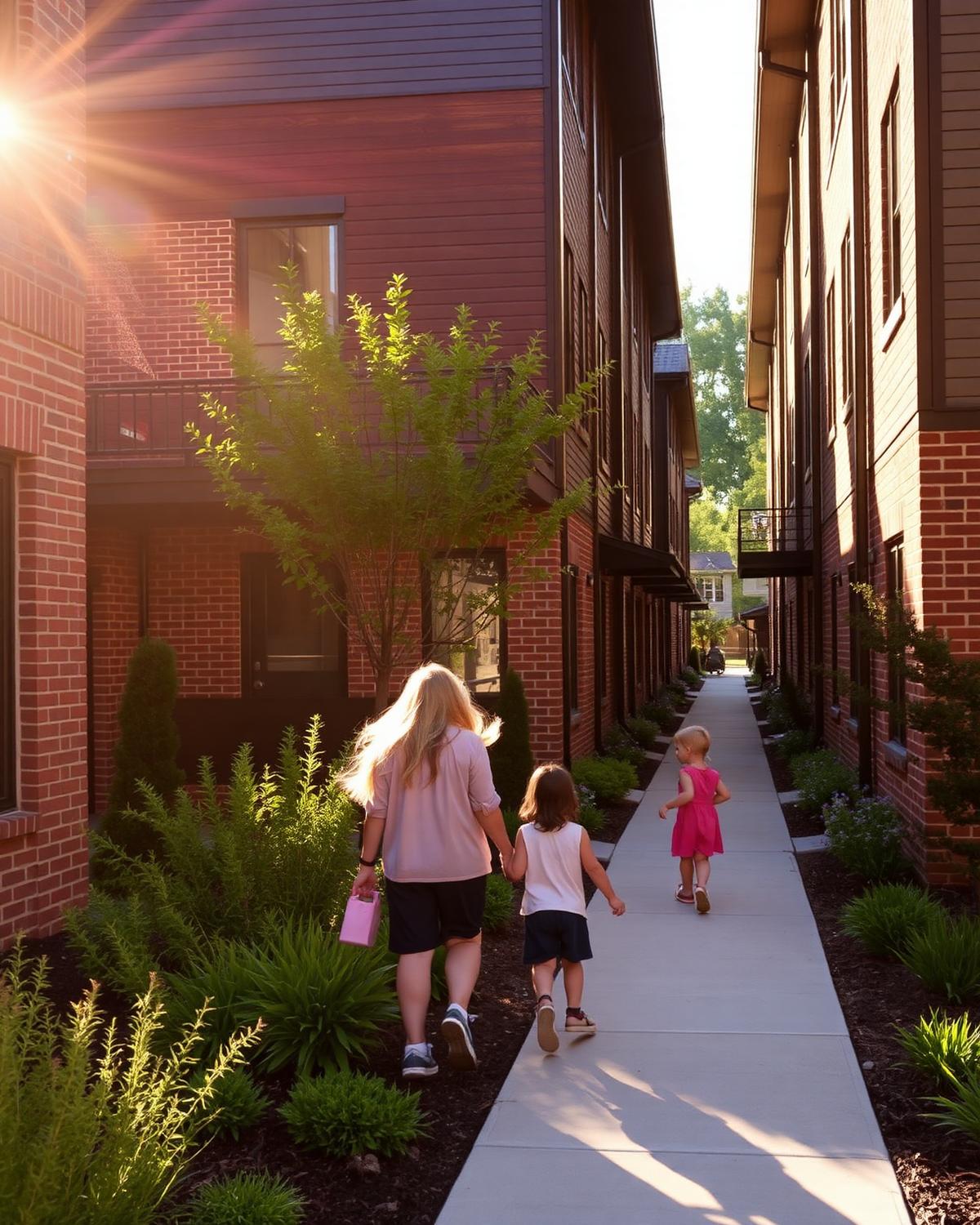 Sunlit townhome community with landscaped walkway