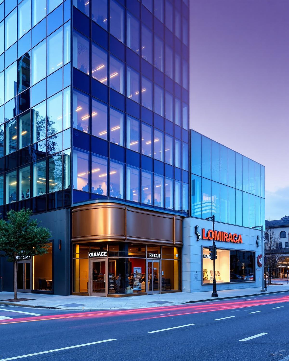 Mixed-use commercial building with bronze storefront at evening