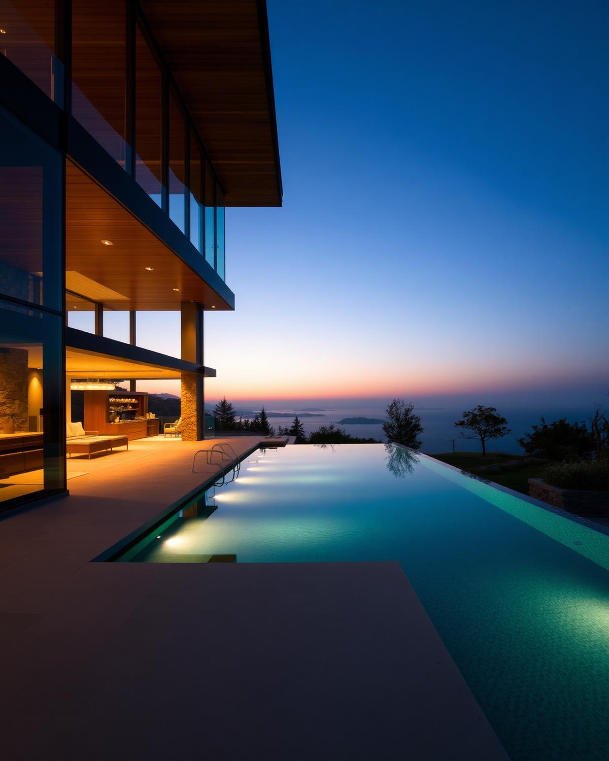 Luxury glass estate home with infinity pool at twilight
